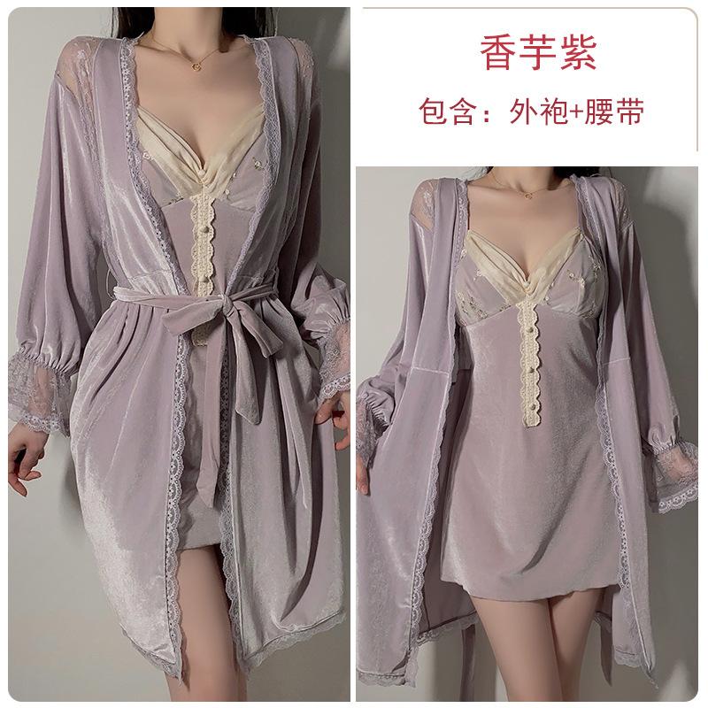 Women's Velvet Padded Sleep Dress with Open Front Robe Lounge Set