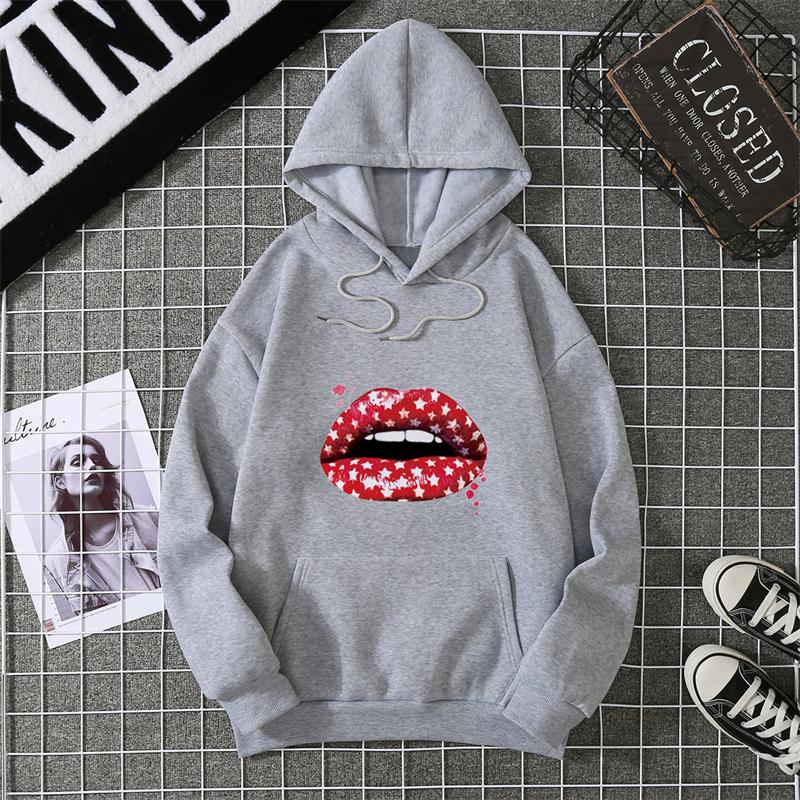 Loose Long Sleeve Women's Hoodie Lip Print Trendy Plus Size Cross-Border Pattern Crew Neck Regular Length Girl Style