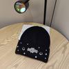 New Handmade Rhinestone Knitted Rabbit Wool Hat Thickened Casual Autumn and Winter Warm Pullover Knitted Hat for Women