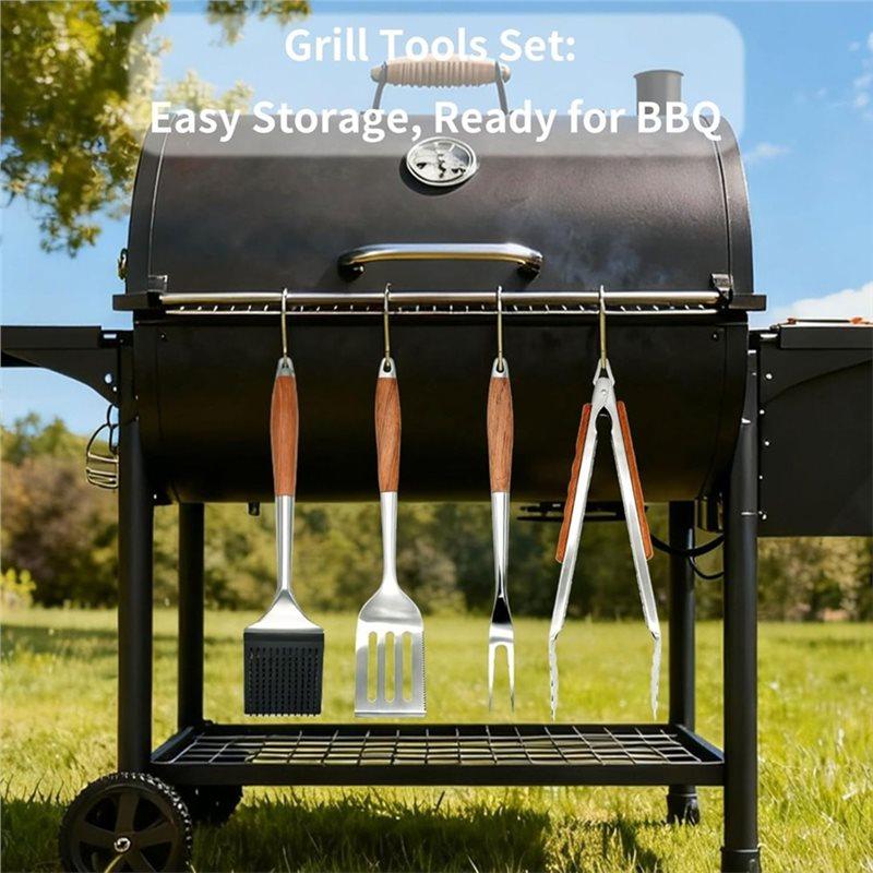 J1UL1N BBQ Grilling Tools Set, Stainless Steel Outdoor Grill Accessories With Wood Handles, Spatula, Fork, Brush& Tongs