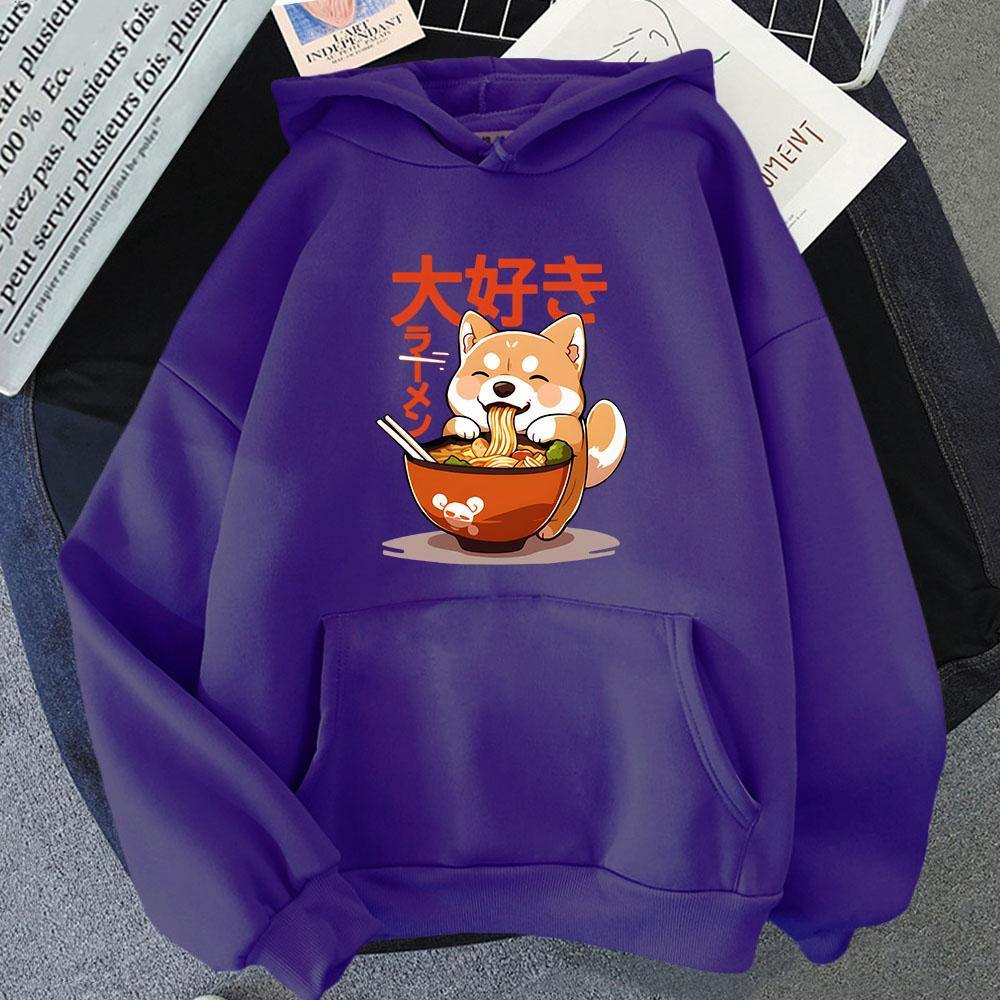 Толстовка с капюшоном Shiba Inu Slurping Ramen Noodles Cartoon Kawaii Cat Graphic Sweatshirt Cool Anime Pullover Women Men Clothing