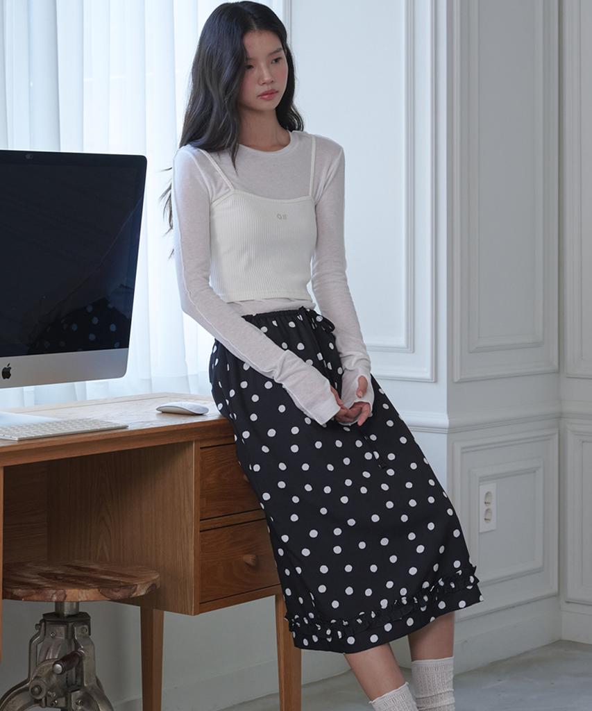 Opening Sunshine Frilled Midi Dot Skirt Black