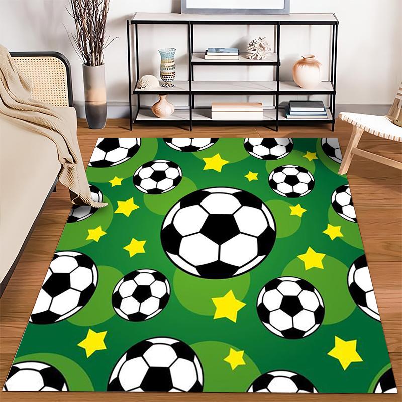 Soccer Ball and Yellow Stars Printed Green Carpet for Living Room Suitable for use as an anti-slip for living room bedroom sofas