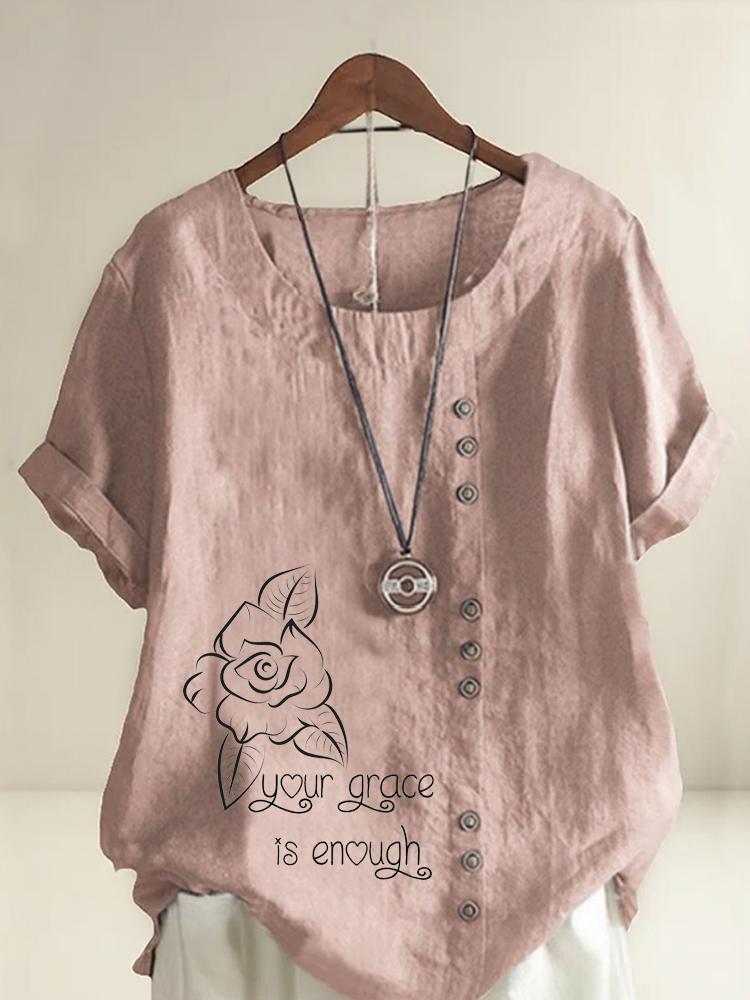 Women's Fashion Black Floral Letter Lines Print Casual Cotton Linen Short Sleeve Round Neck T-shirt Shirt Leisure Loose Summer Blouse Tops