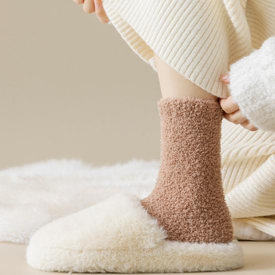 1 Pair Women Winter Socks Thickened Coral Fleece Mid-tube High Elasticity Wrapping Anti-slip Floor Socks Comfort Warmth Sleeping Socks