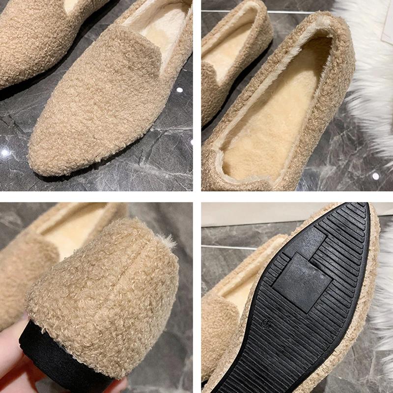 Мода 2024 года, повседневные туфли с острым носком, женские зимние туфли из плюша и хлопка, туфли на плоской подошве с пушистым носком