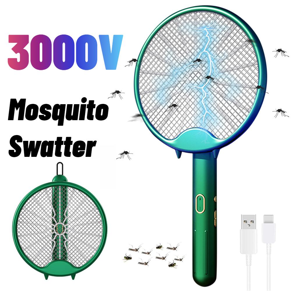 Fly Swatter Electric Racket Rechargeable Bug Zapper Racket Portable Foldable 2-in-1 Mosquito Killer Trap for Home Bedroom Patio