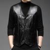 Autumn and Winter Men's Sheepskin Black V-neck Leather Coat Youth Multi Pocket Single Breasted Business Thin Single Leather Vest