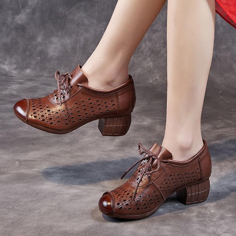 Johnature Ретро женская обувь Натуральная кожа Перфорированные Дышащие Мягкая подошва Толстый каблук Сандалии