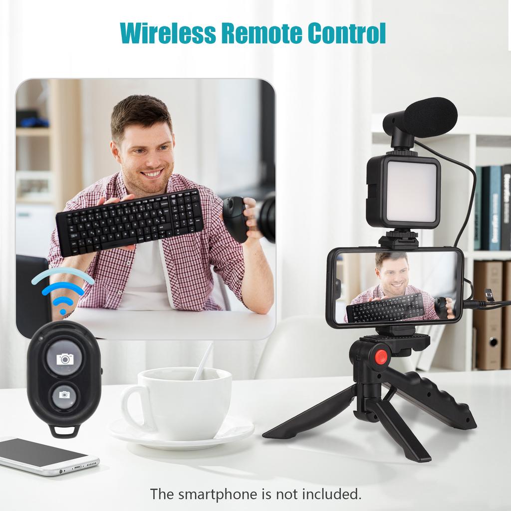 Smartphone Vlog Kit LED Video Light + Cardioid Microphone + Extendable Phone Clip + Tripod with Brightness for Live Strm Vlog Video Sh
