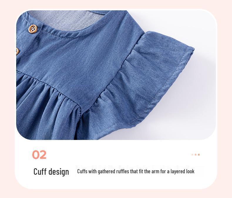 Little Maven Girls' Cartoon Appliqué Denim Dress - Short Sleeve Summer Style