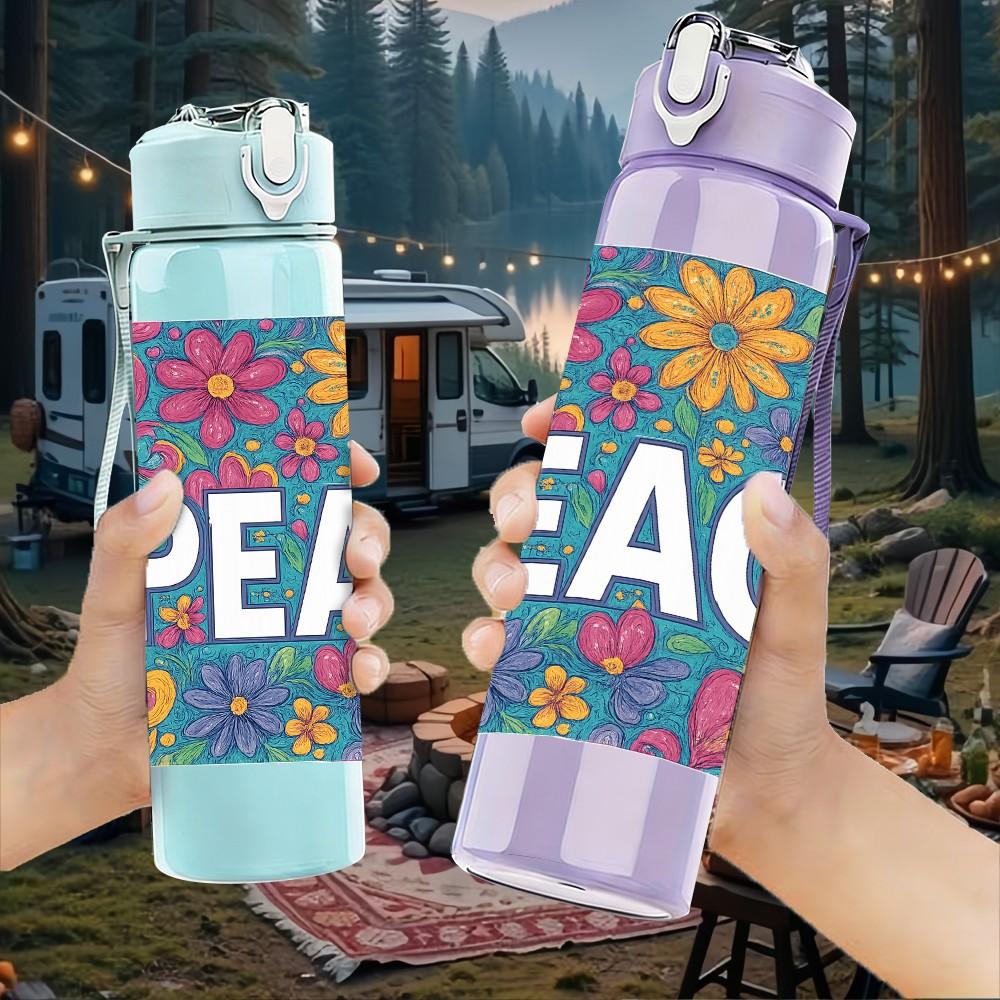 1PC Colorful Flower Peace Letter Print 750ml Color Plastic Sports Water Bottle Leakproof Flip Straw Lid Suitable for Sports Office Home Use