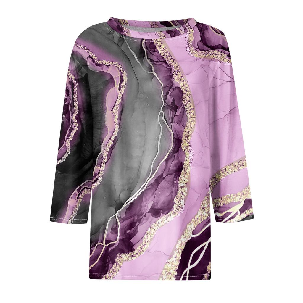 Women's Fashion Casual Round Neck 3/4 Sleeve Loose Printed T-Shirt Ladies Top