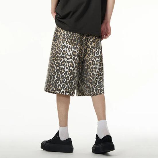 Джинсовые брюки унисекс с леопардовым принтом, свободные прямые ретро со средней талией на молнии и пуговицах длиной до колена для вечеринки