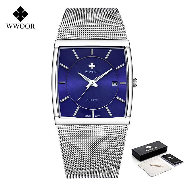 Wwoor Brand Luxury Gold Men Square Japan Quartz Slim Mesh Steel Waterproof Sports Automatic Date Wrist Watches Relogio Masculino