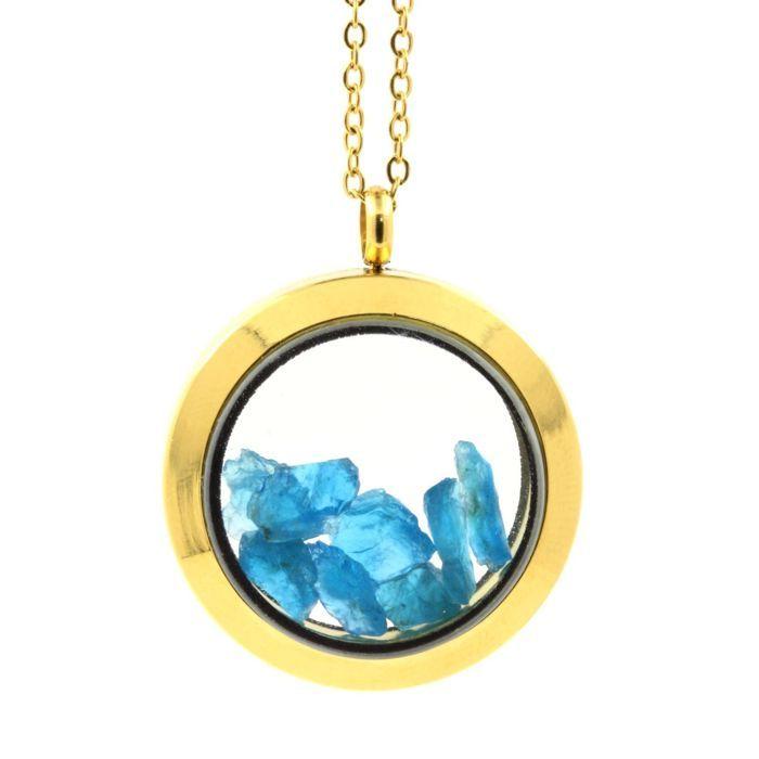 Stones and Minerals. Raw Neon Blue Apatite Necklace. 20 Mm Medallion Model. Gold Color.
