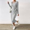 2024 Autumn/Winter Gray Knitted Irregular Long Dress for Women - European & American Fashion