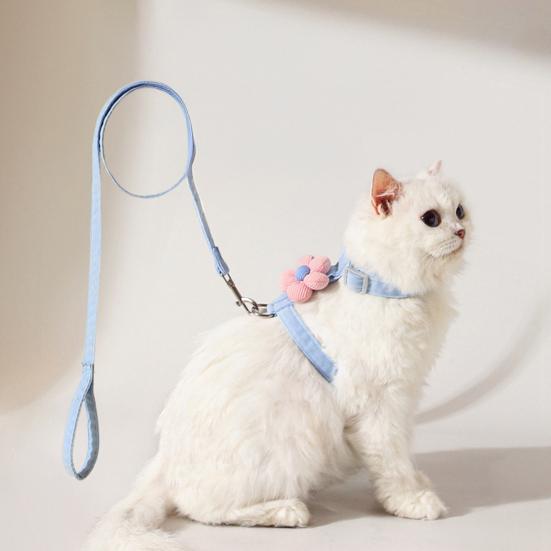 Набор шлейки, поводка и ошейника для кошек для прогулок, регулируемая двухслойная шлейка для питомца с цветочным декором, ошейник-поводок для питомца, защищенный от побега