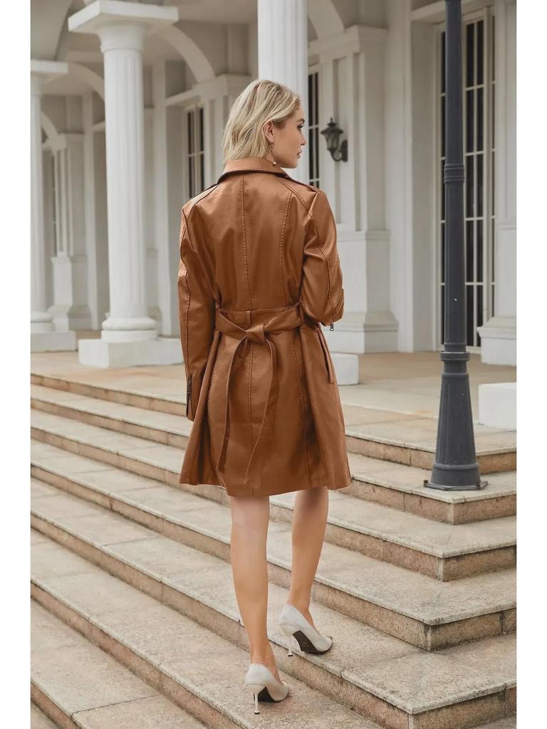 Женская кожаная куртка средней длины с поясом — стильная британская ветровка на весну/осень