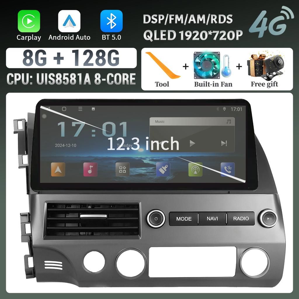 12.3" For Honda Civic 2005-2012 Car Radio Navigation Wireless BT CarPlay Android Multimedia 4G GPS Touch Head Unit Screen Stereo