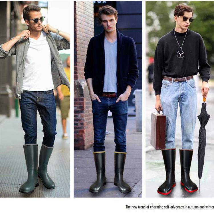 Men's Four Seasons Waterproof Anti-Skid High-Top Rubber Boots for Rain, Car Washing, and Fishing.