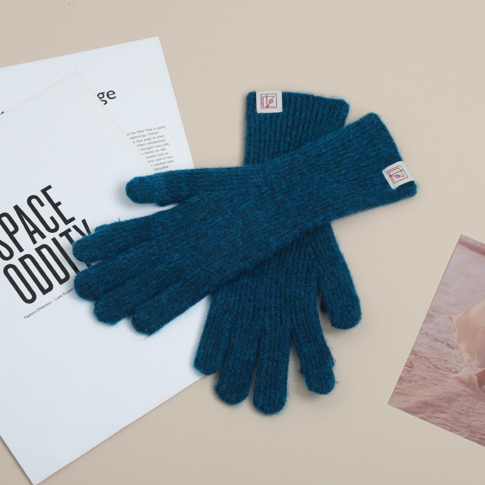 Осень и Зима Перчатки из Чистой Шерсти для Женщин Зимой Милые Корейские Маркированные Шерстяные Вязаные Теплые и Холодные Сенсорные