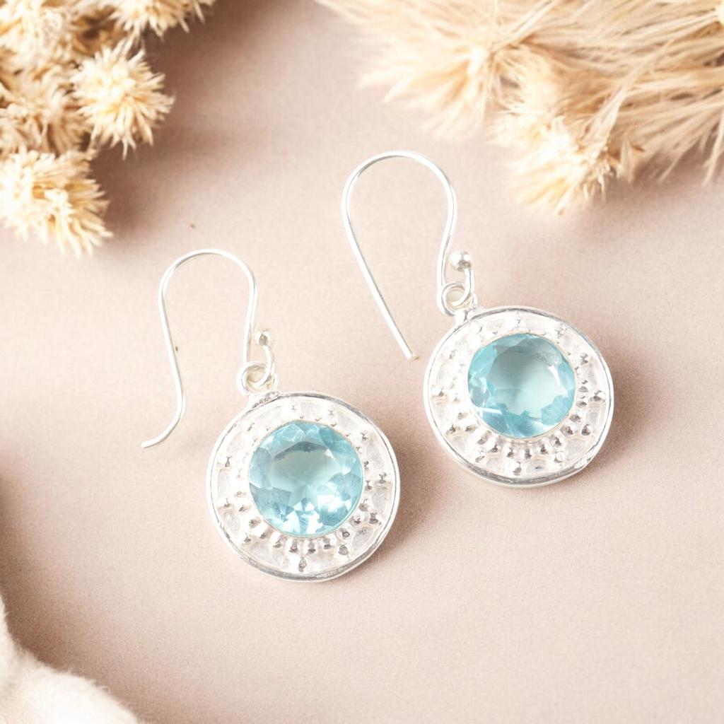 Sky Blue Topaz Gemstone 925 Solid Silver Jewelry Handmade Earrings 1.5" For Her EE-153-11