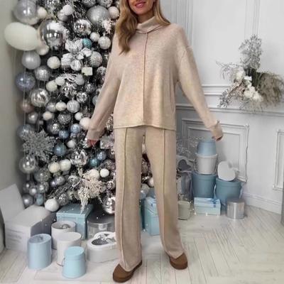 2 шт./комплект женский топ брюки костюм высокий воротник длинные рукава однотонный трикотажный