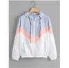 Модная ветровка с капюшоном, женская элегантная куртка-бомбер с цветными блоками и молнией, повседневное пальто, верхняя одежда, дождевик