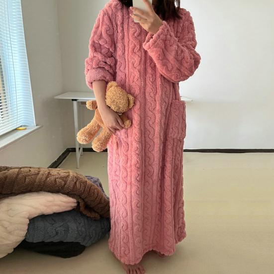 Women's Flannel Nightgown Fuzzy Fleece Sleepdress Loose Crew Neck Long Nightdress with Pockets Cozy Plush Warm Winter Pullover Loungewear