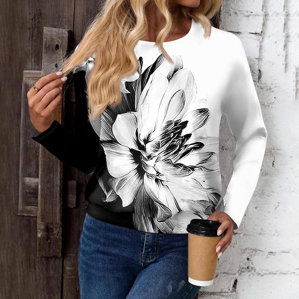 Women's Fashionable Casual Long Sleeved Printed Off Shoulder Round Neck Top