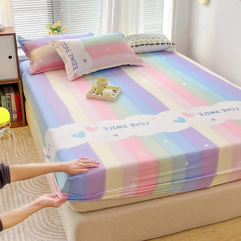 Зеленый клетчатый узор Набор простыней на резинке Любовь Сердце Защитный чехол для матраса 3 предмета Хлопковый постельный комплект Дышащий, приятный для кожи