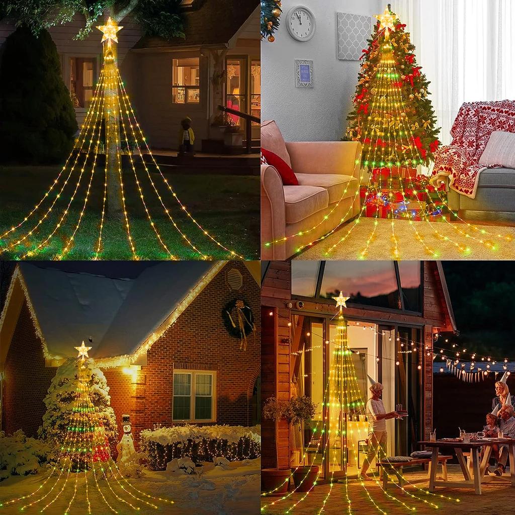 1PC 2m Warm/colorful Solar Powered Christmas Tree Fairy Lights Top with A Star for Christmas Tree Night Party Atmosphere Decor