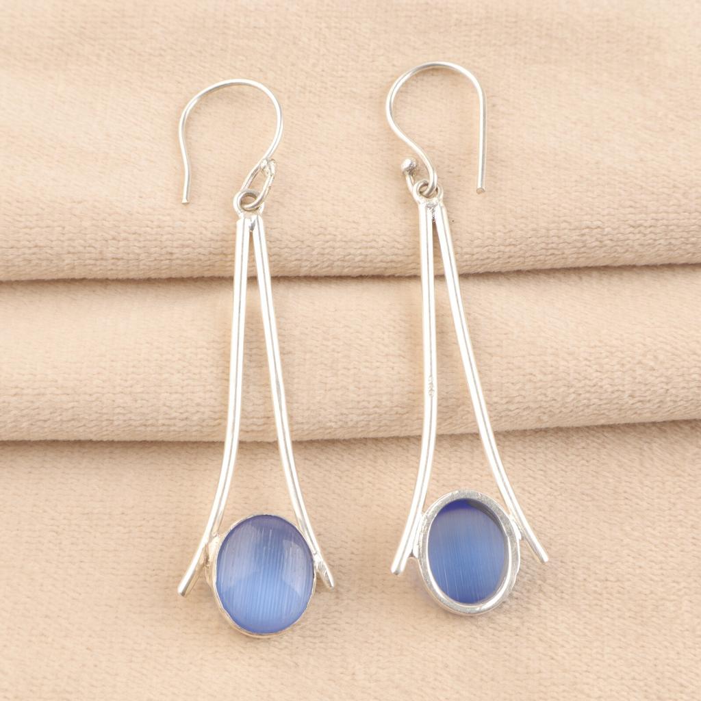 Natural Dark Blue Cat's Eye Gemstone 925 Sterling Silver Handmade Earrings 2.63" EE-136-34