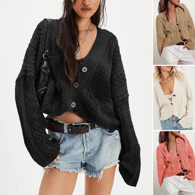 Женский свитер-пальто с V-образным вырезом, длинными рукавами, застежкой на пуговицы, кардиган-куртка с карманами, однотонный, вязаный пальто с текстурой «косичка»