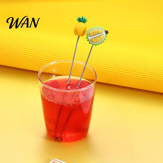 Cartoon Fruit Stirrer Cocktail Stir Stick, Stainless Steel Mixing with Durian Pineapple Strawberry Watermelon Rubber Top Decor, Drink for Bar Milk Tea