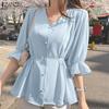 Women Summer V-Neck 3/4 Sleeve Casual Collect Waist Blouse
