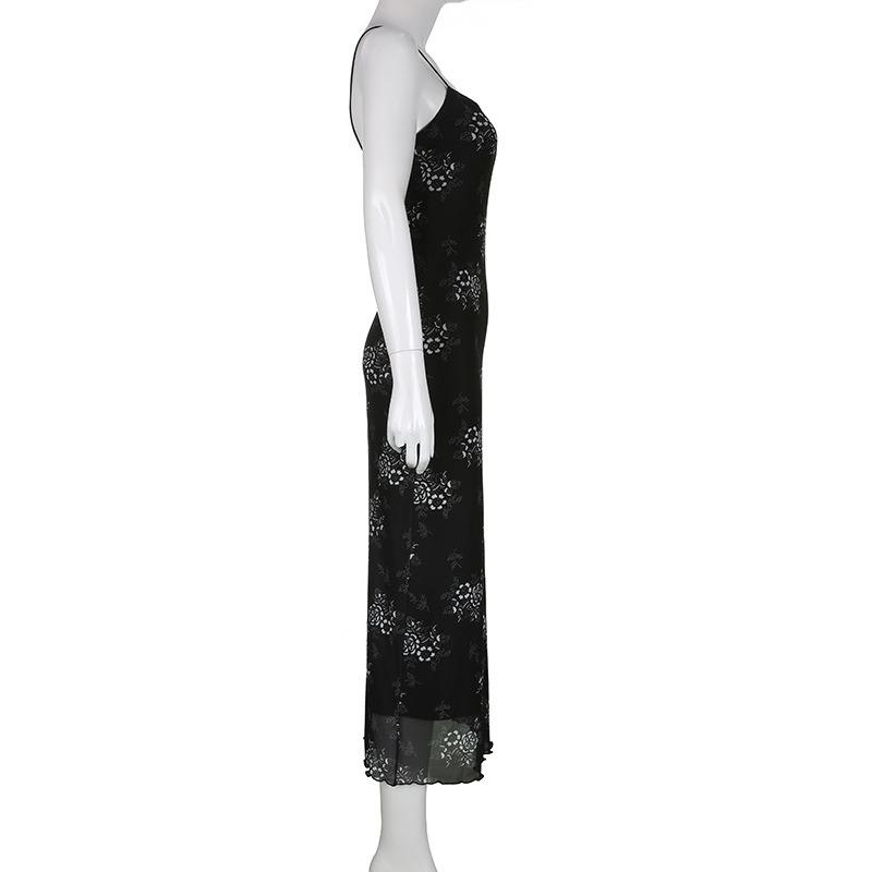 Y2K Retro Fashion Strap Printing Summer Maxi Dress Women Fairycore Grunge Chic Party Long Mesh Dresses Gothic Clothes