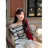 Contrast Striped Long-sleeved T-shirt for Women In Autumn New Temperament Versatile Sloping Shoulder Student Slim Slimming Top Trendy
