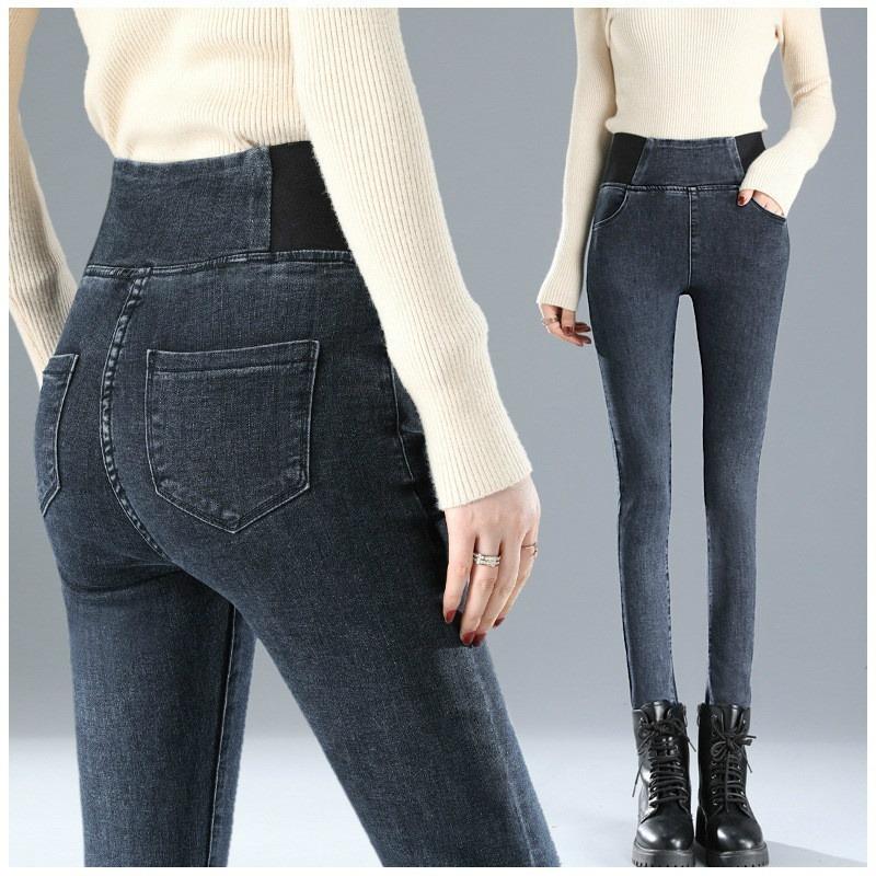 Women's Fashion Spring Autumn Pencil Pants 3 Colors Stretch Denim Skinny Slim Jeans Pants High Waist Jeans Trousers Plus Size