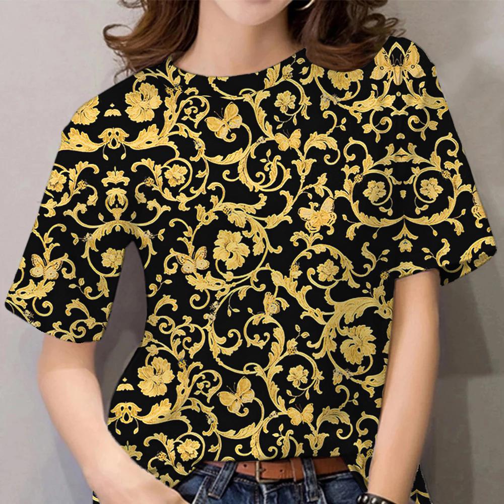 Летние женские футболки с короткими рукавами 3D топы Роскошные рубашки в стиле барокко Дизайнерская одежда Женская футболка Повседневная футболка большого размера с круглым вырезом