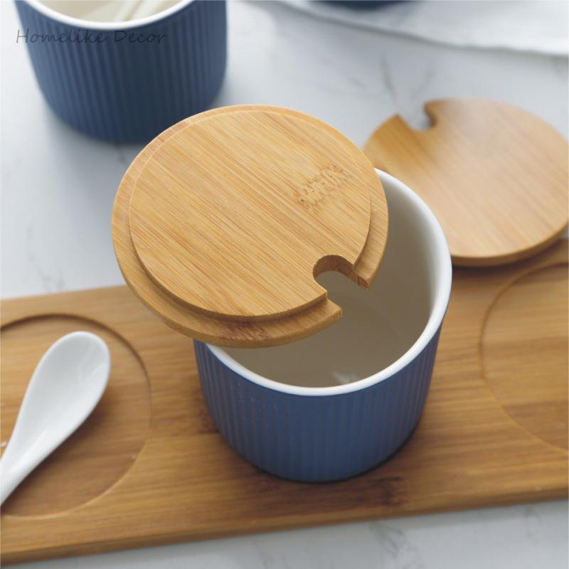 Керамическая банка для хранения приправ, соли, сахара, специй, перца с бамбуковой крышкой, поддон для 3 баночек для приправ с ложками