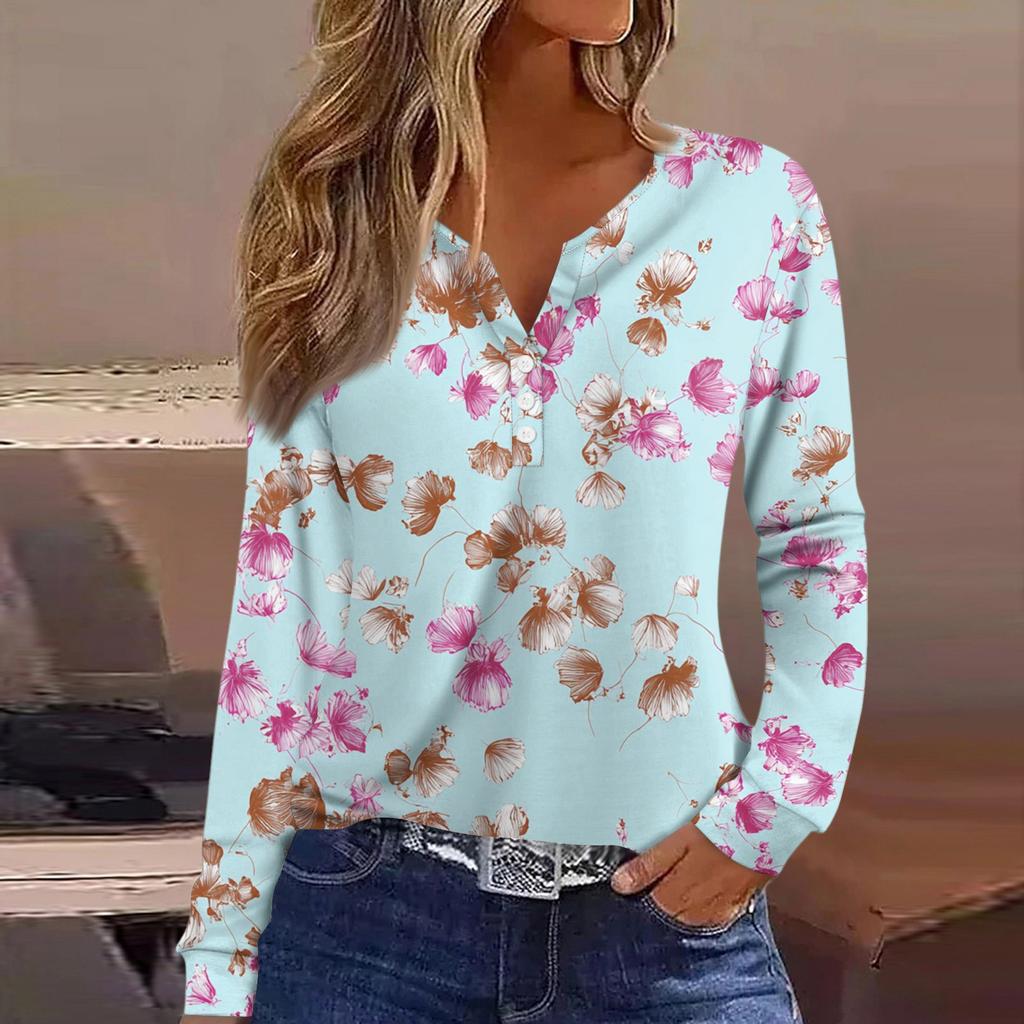 Women's T Shirt Tee Button Long Sleeve Daily Weekend Fashion Basic V- Neck Regular Top