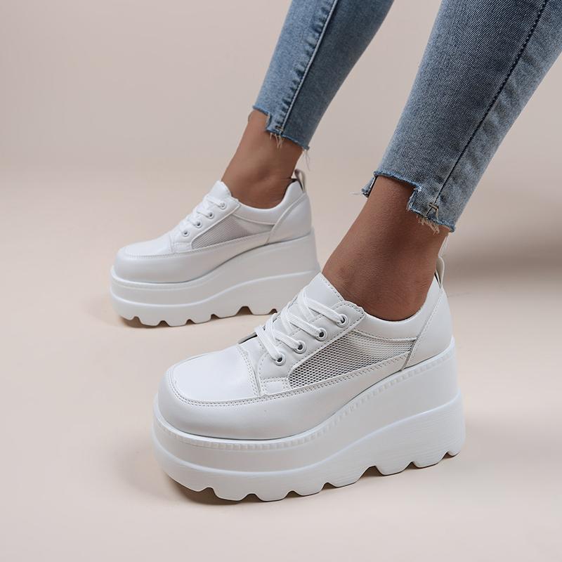 Fashion 2025 NEW White Wedge Sneakers Shoes Platform Breathable Hollow Shoes Chunky Platform Heel Pumps Shoes Women Heels