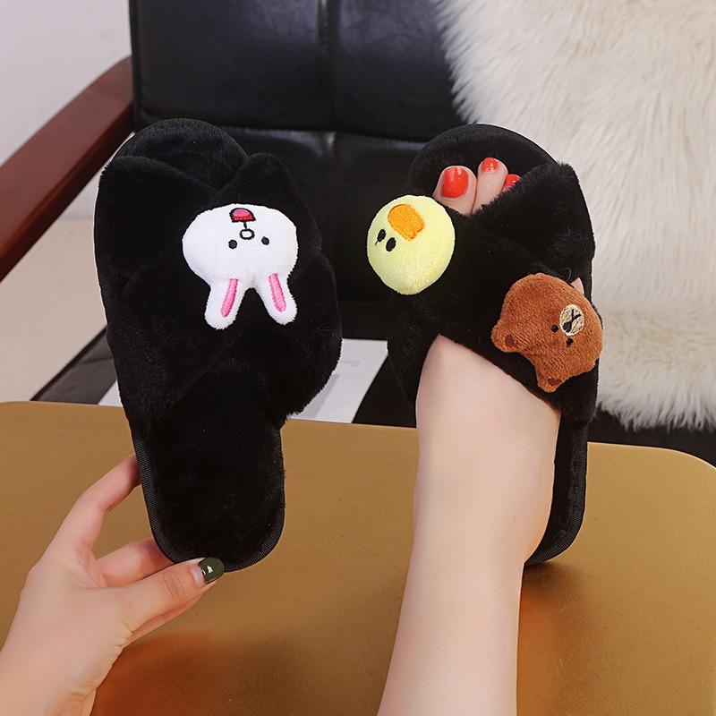 Rhinestone Strips Cross Flat Bottom Fluffy Slippers Women's Autumn and Winter Home Warm Cotton Slippers Comfortable