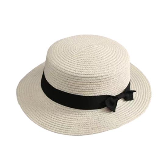 Beach Straw Hat Flat Top Wide Brim Sun Protection Hat with Black Ribbon Bow Hand-Woven Breathable
