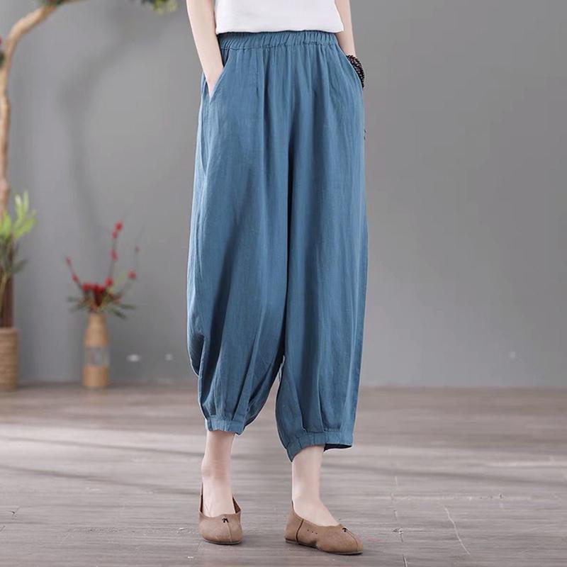WTEMPO Укороченные брюки в стиле ретро больших размеров, свободные повседневные универсальные шаровары, тонкие женские брюки из хлопка и льна, шаровары