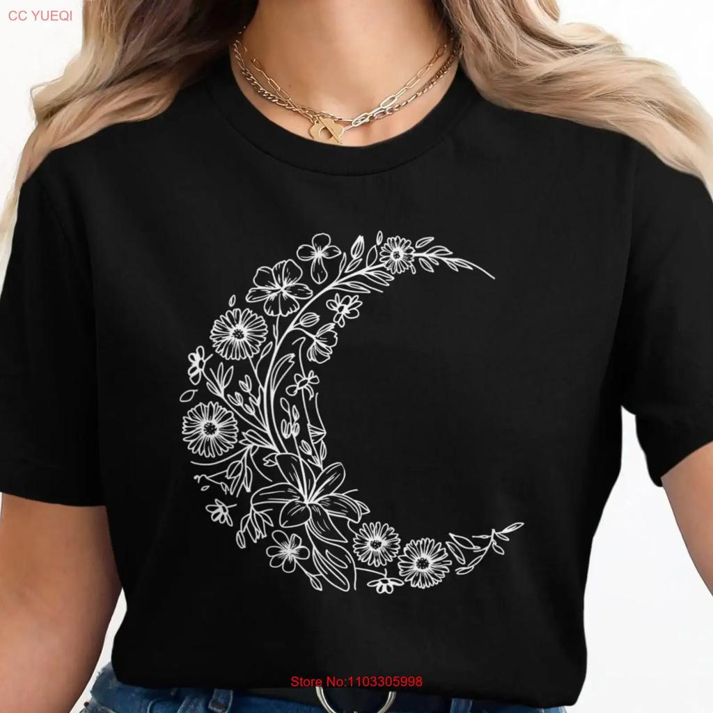 Floral Moon T Shirt Unisexs Boho Chic Celestial Design Casual Cute Outfit Trendy Vintage Streetwear Stretched