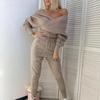 Sexy Off Shoudler 2 Piece Sweater Tracksuits Women Harrem Pants + Double V Neck Pullover Set Fall Winter Knitted Clothes
