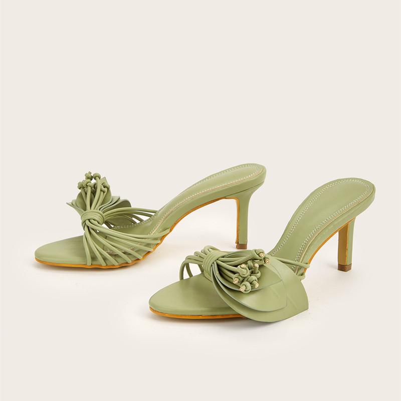 Ins style Bowknot Narrow band Women Slippers Sandals Elegant Summer High heels Mules Slides Female Party Dress Shoes